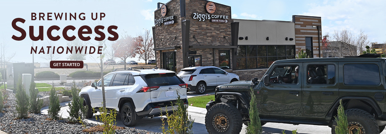 Ziggi’s Coffee drive-thru location with cars in line and customers enjoying their drinks. Large text overlay reads ‘Brewing up Success Nationwide’ with a ‘Get Started’ button, inviting potential franchisees to learn more about Ziggi’s Coffee franchising opportunities.