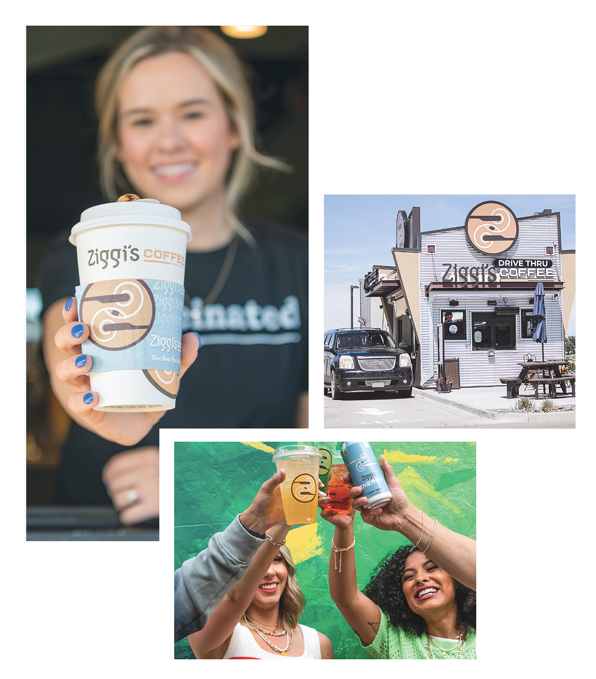 images: Two friends cheersing their favorite Ziggi's Coffee Energy Infusions; the hustle and bustle of a lively drive-thru scene at a local Ziggi's Coffee store; and a friendly smiling barista offering a delicious Ziggi's Coffee