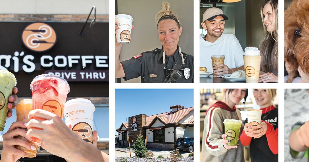 image: a collage of photos displaying happy customers, cheersing Ziggi's drinks, a first resonder holding her Ziggi's coffee, a busy store with a full drive thru line and two baristas smiling