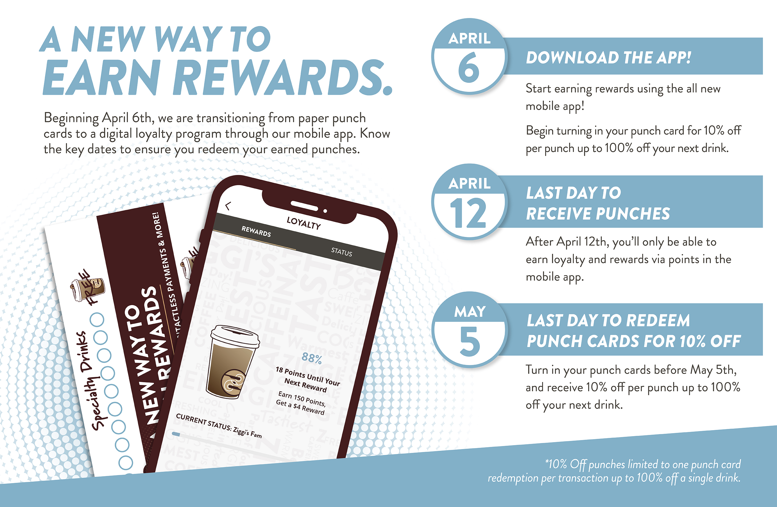 A new way to earn rewards. Beginning April 6th, we are transitioning from our paper punch cards to a digital loyalty program through our mobile app. You can begin turning in your punch cards for 10% off per punch up to 100% off. April 12th is your last day to receive punches and can transition to the app. 