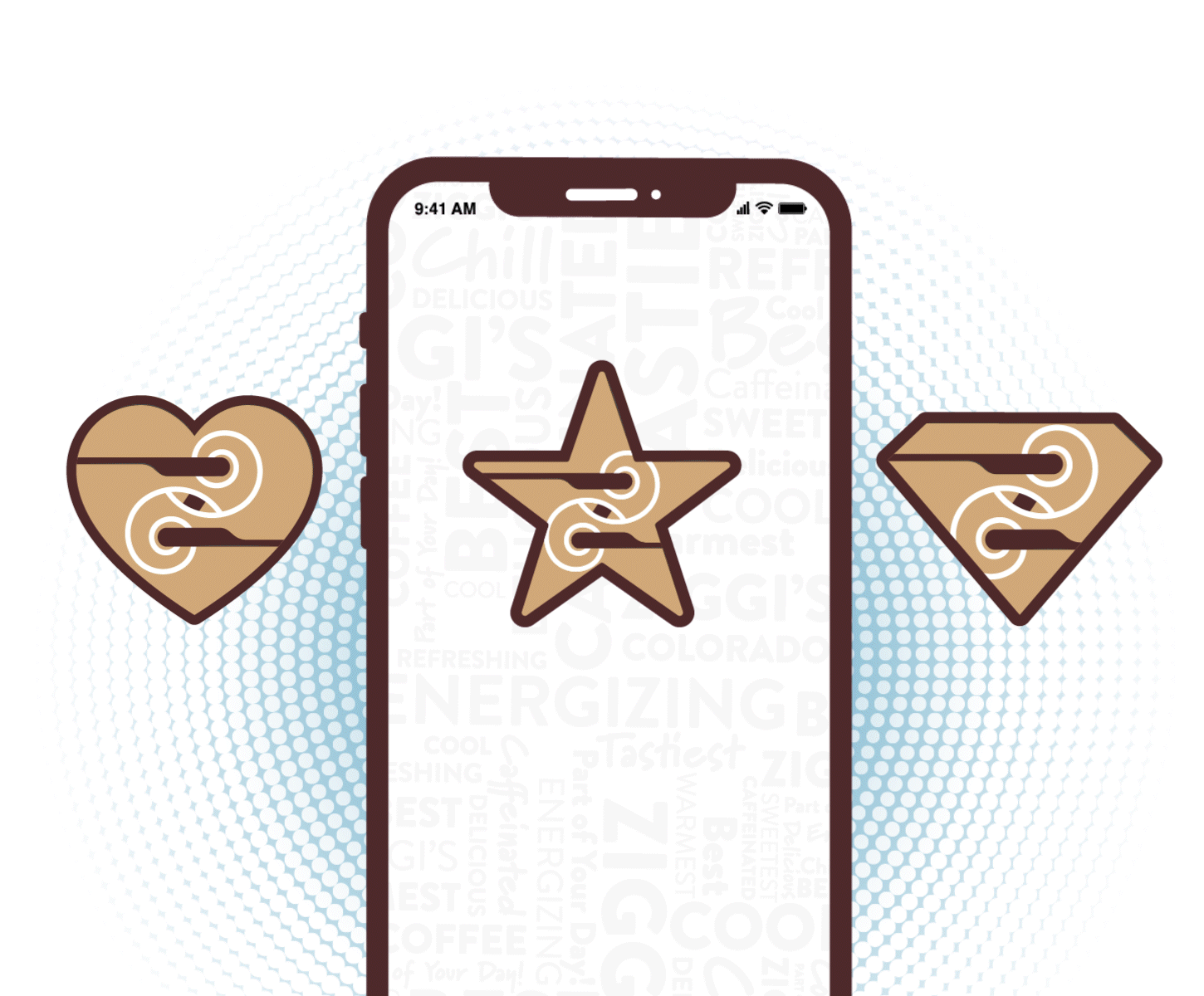 Phone with 3 Ziggi's Coffee icons of a heart, star and diamond with Z inside.