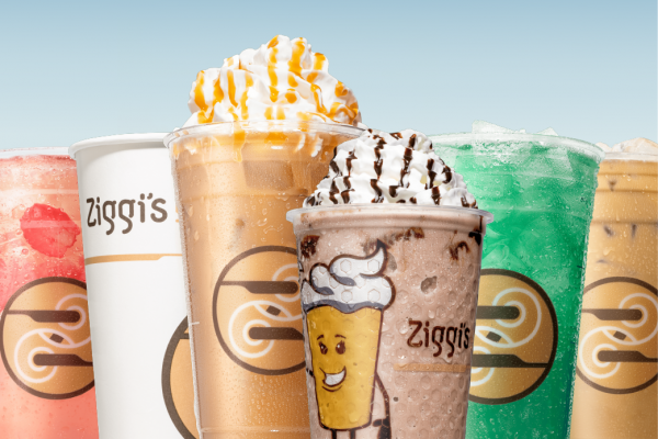 photo of a variety of iced and hot Ziggi's drinks