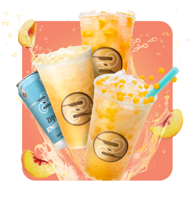 Four peach drinks from Ziggi's Coffee: three iced cups with logos, a blue energy can, peach slices, and splashes.