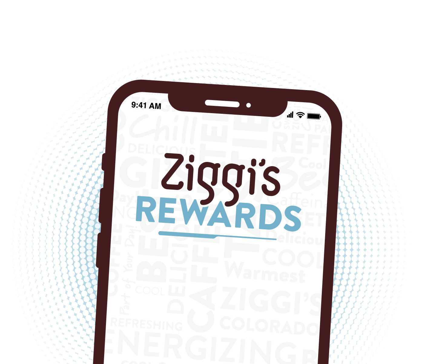 Phone graphic with Ziggi's Rewards logo