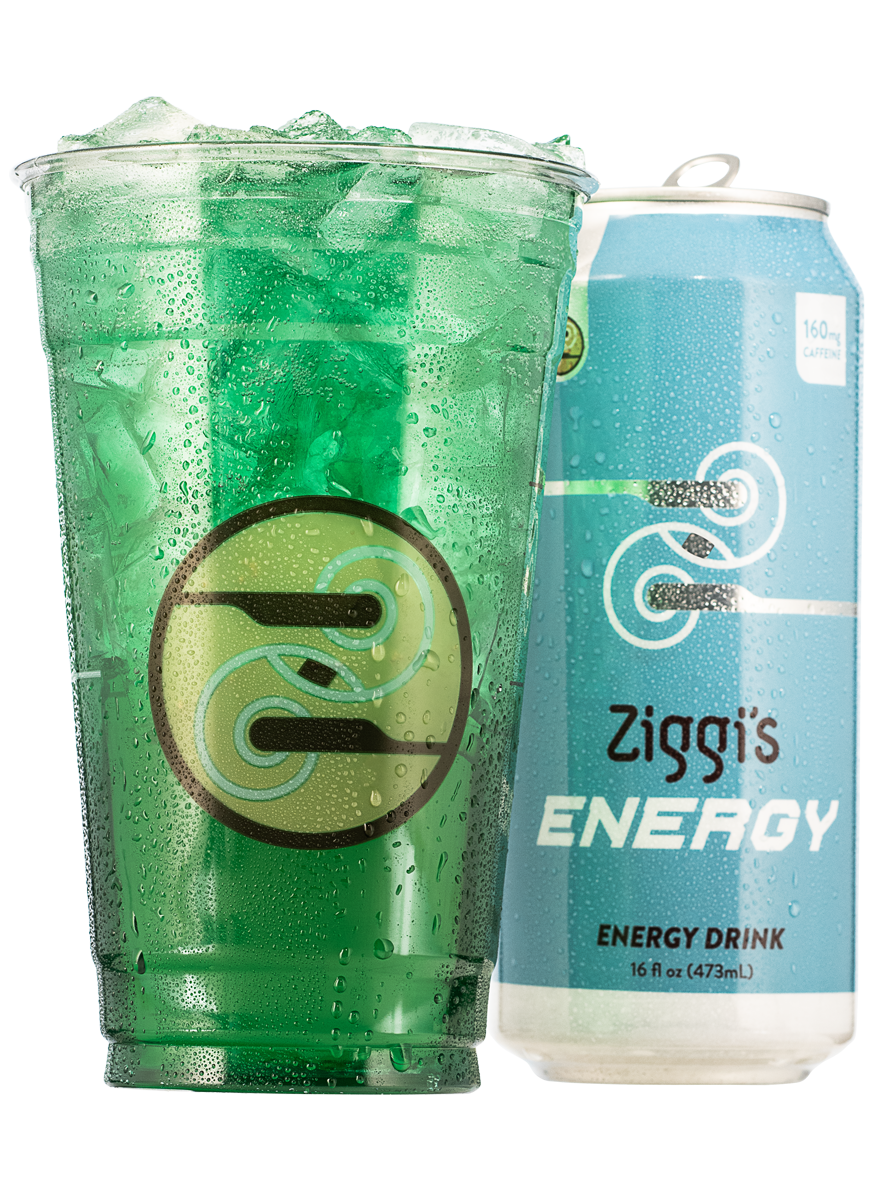 A photo of an iced Beach Bum Infusion next to a Ziggi's Energy can.
