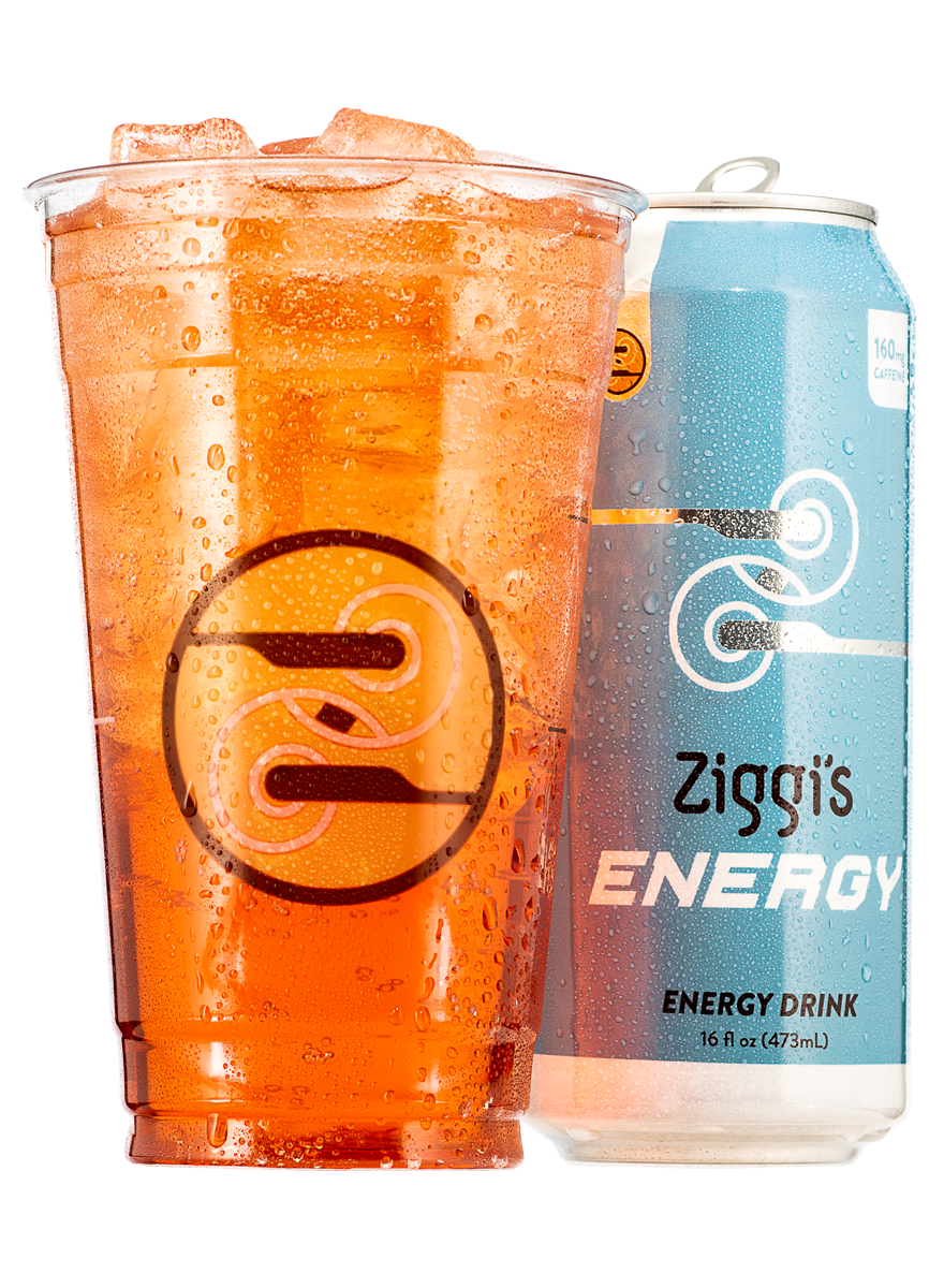 A photo of an iced Cherry Blossom Infusion next to a Ziggi's Energy can.