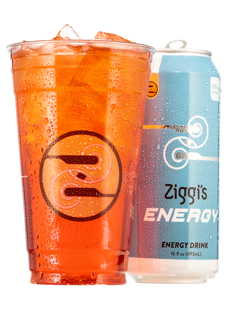 A photo of an iced Fruit Punch Infusion next to a Ziggi's Energy can.