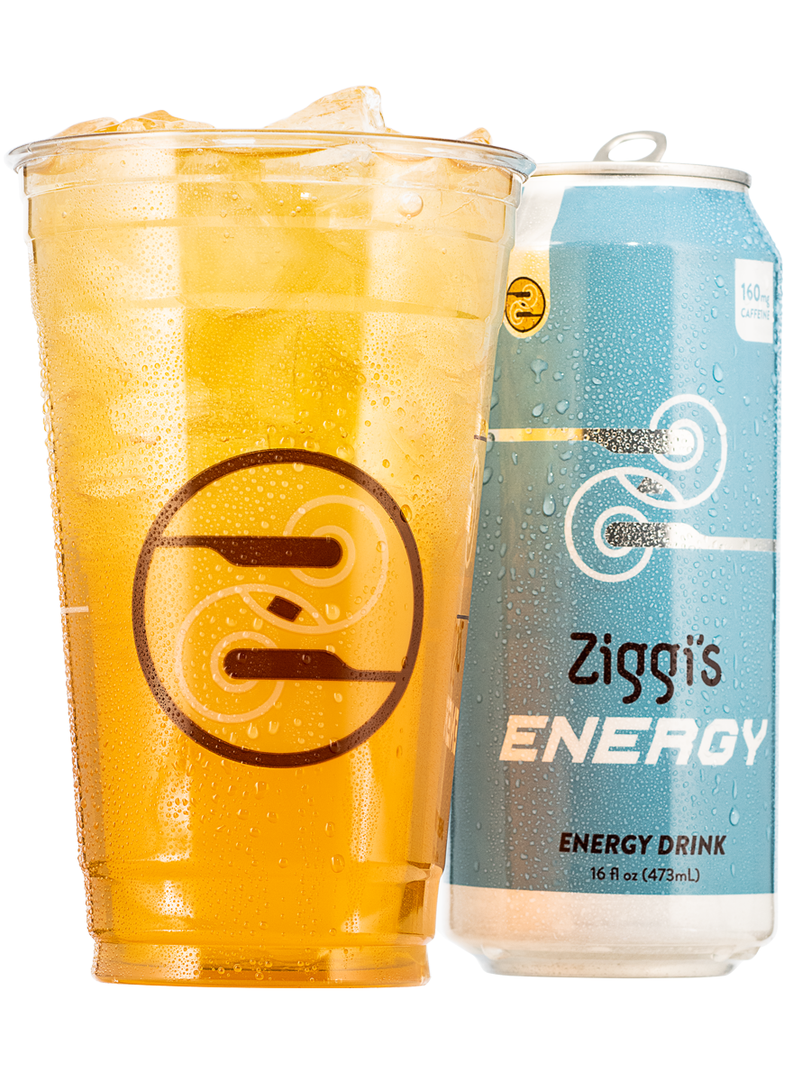 A photo of an iced Island Breeze Infusion next to a Ziggi's Energy can.