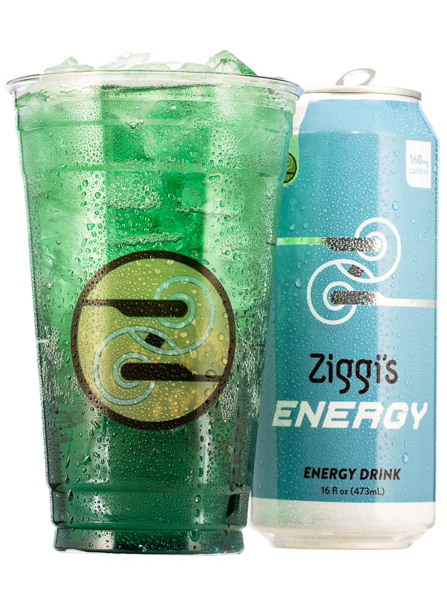 A photo of an iced Limelight Infusion next to a Ziggi's Energy can.