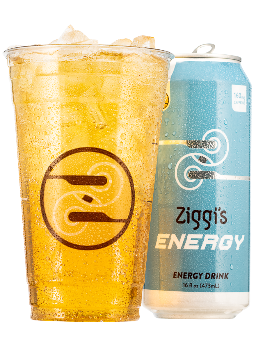 A photo of an iced Loconut Infusion next to a Ziggi's Energy can.