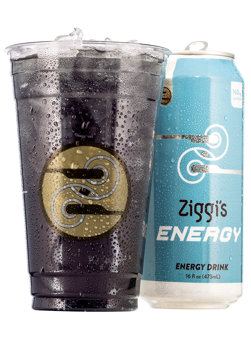 A photo of an iced Smashberry Infusion next to a Ziggi's Energy can.