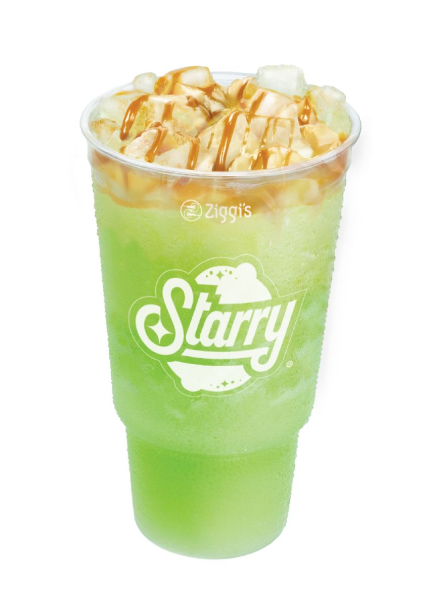 Iced Not Your Granny's Apple Dirty Soda topped with cream and boba pearls in a Ziggi’s Coffee cup.