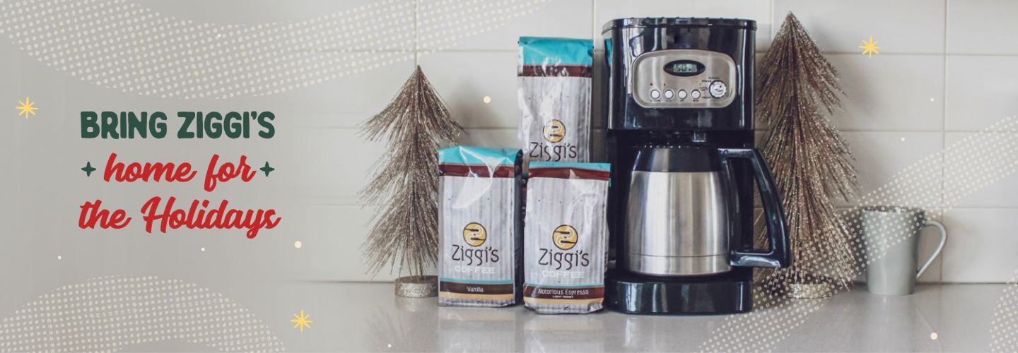 Coffee maker, coffee bags on counter, text on right 'Free shipping 3 or more bags of coffee'