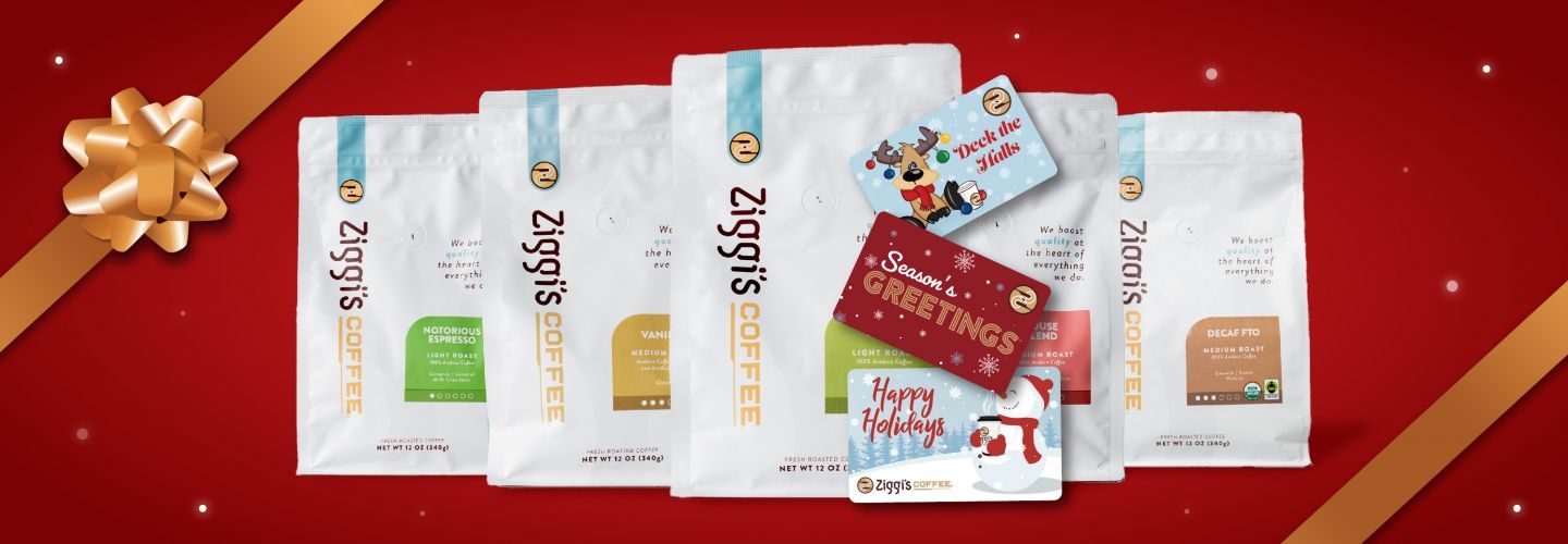 Coffee maker, coffee bags on counter, text on right 'Free shipping 3 or more bags of coffee'