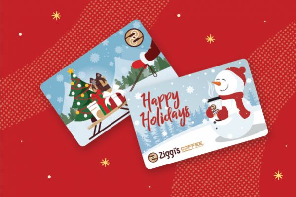 two holiday gift cards on a red background