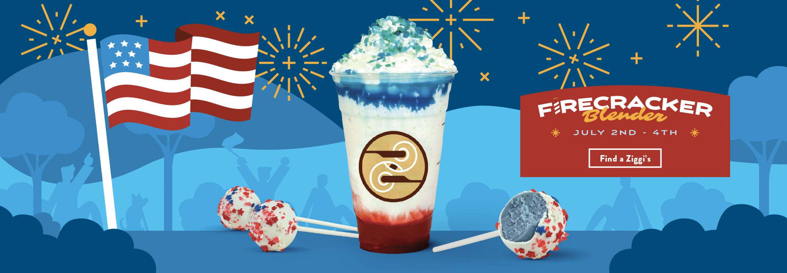 A photo of the limited-time Firecracker Blender. This drink features the flavors of vanilla, white chocolate and strawberry and is topped with whipped cream and popping candy. Available from July 2nd-July 4th.