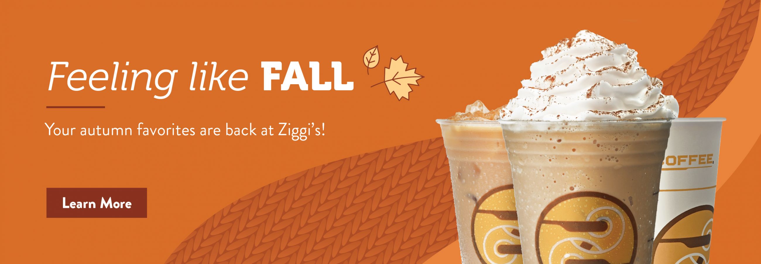 Feeling like Fall text on an orange background with 3 drink images