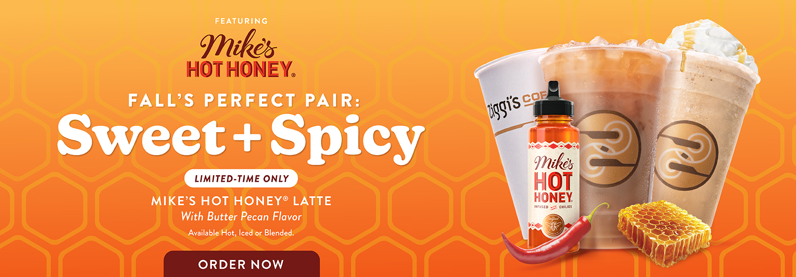 Ziggi’s Mike’s Hot Honey Latte with butter pecan flavor, sweet and spicy, limited-time fall drink.