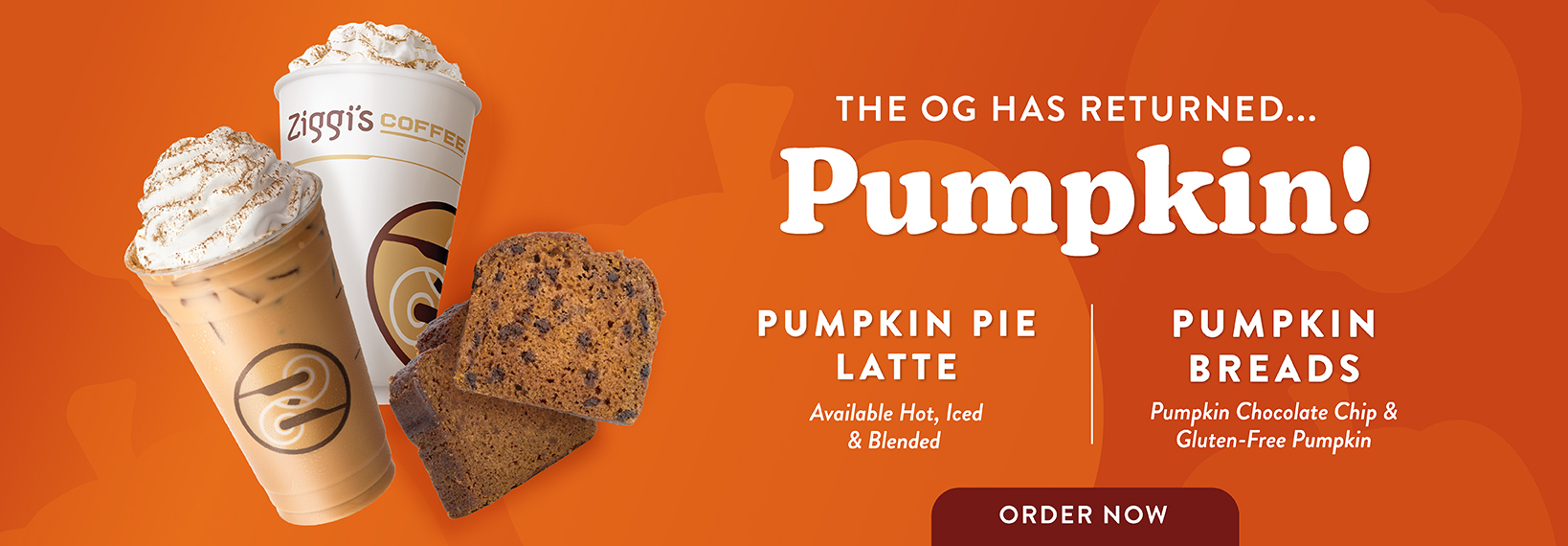 Ziggi’s Pumpkin Pie Latte and pumpkin breads return for fall, available hot, iced, or blended.