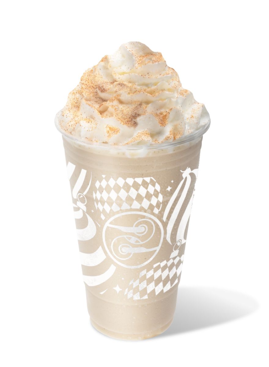 Blended Chai-Nog topped with whipped cream and nutmeg in a Ziggi’s holiday cup.