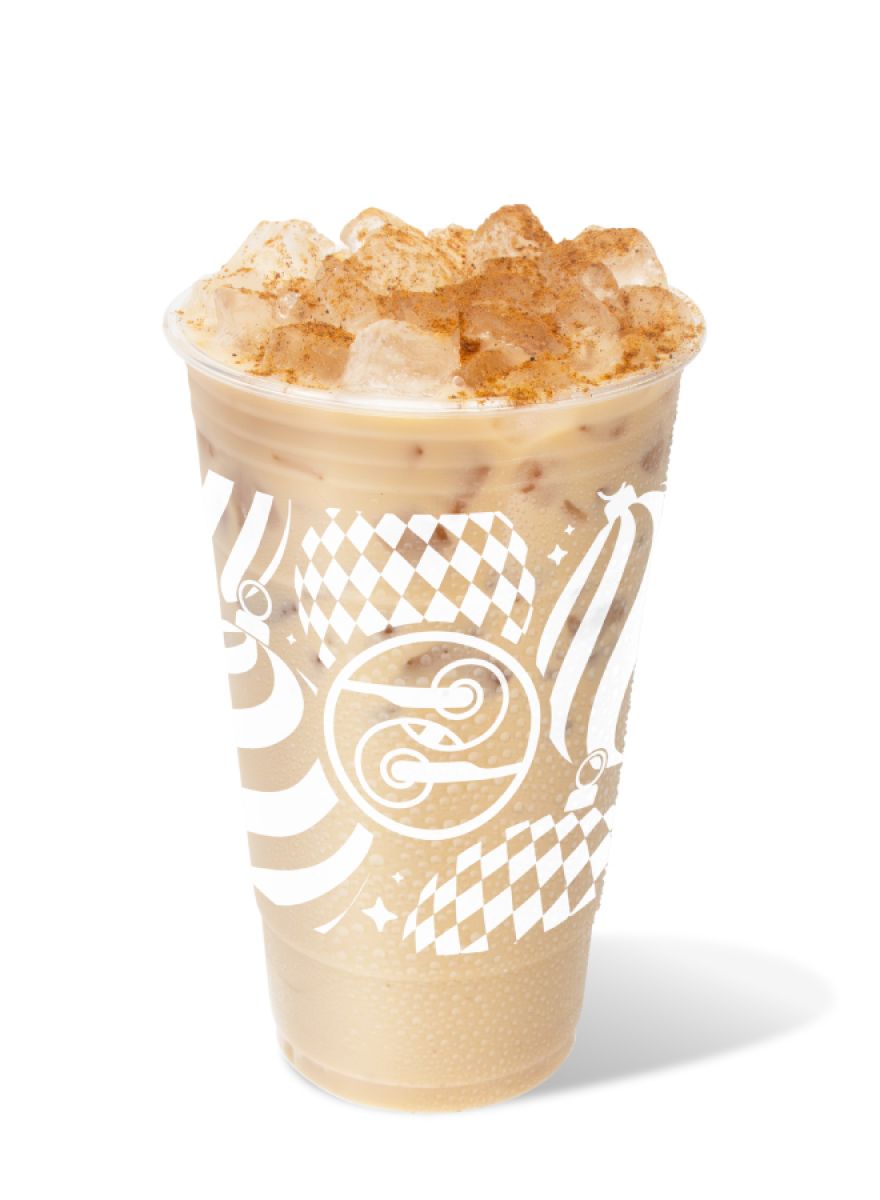 Iced Eggnog Latte made with espresso, eggnog, and nutmeg in a festive Ziggi’s holiday cup.