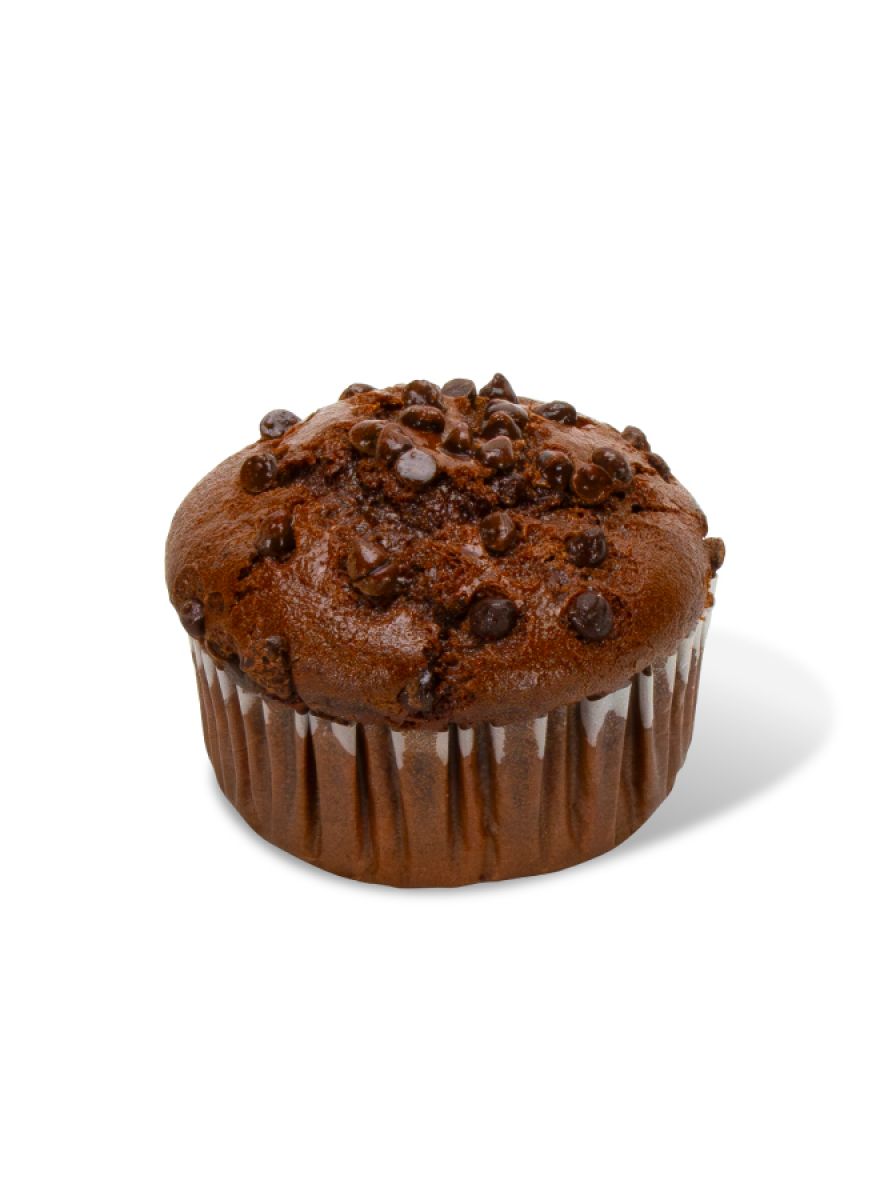 Rich double chocolate muffin topped with chocolate chips on a white background.