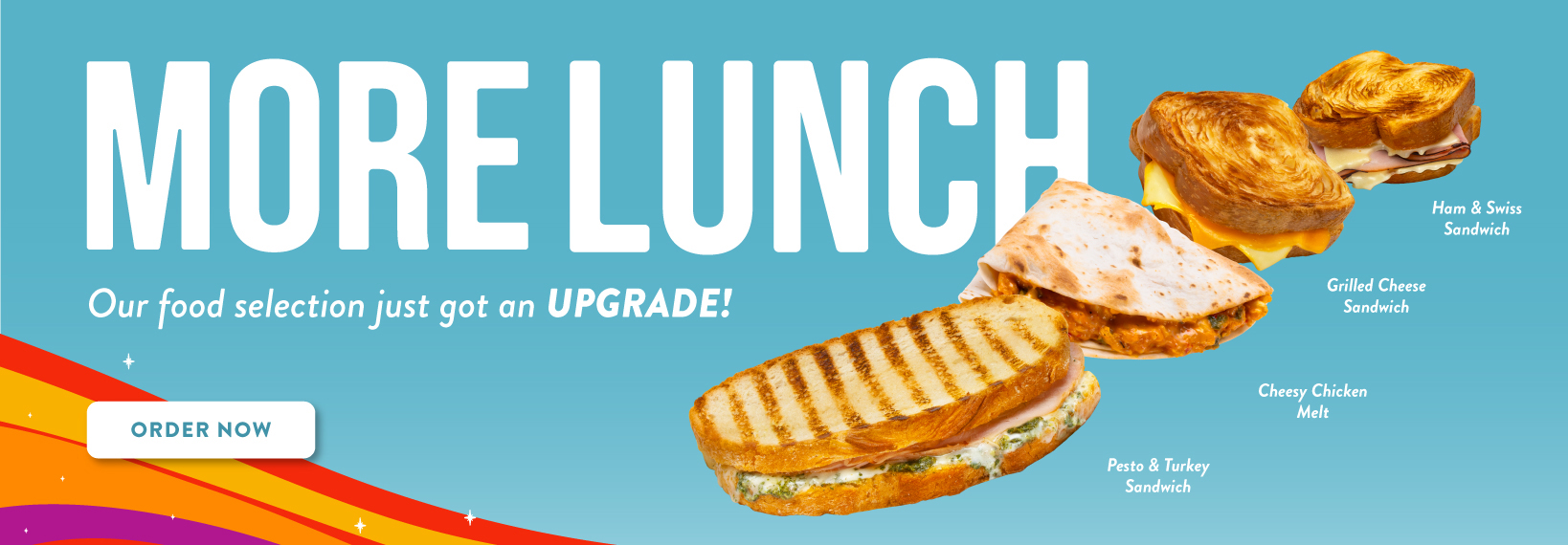 Ziggi’s Coffee lunch menu featuring ham and Swiss, grilled cheese, pesto turkey, and cheesy chicken melt sandwiches.