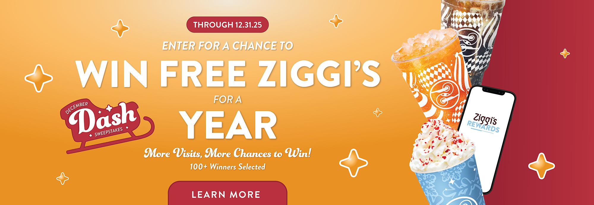 Ziggi’s Coffee December Dash Sweepstakes banner inviting guests to enter for a chance to win free Ziggi’s for a year through December 31, 2025.