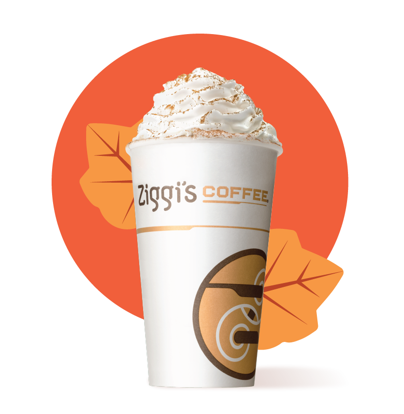 Image 1- Ziggi's Pumpkin Pie Latte in a cup with leaves behind