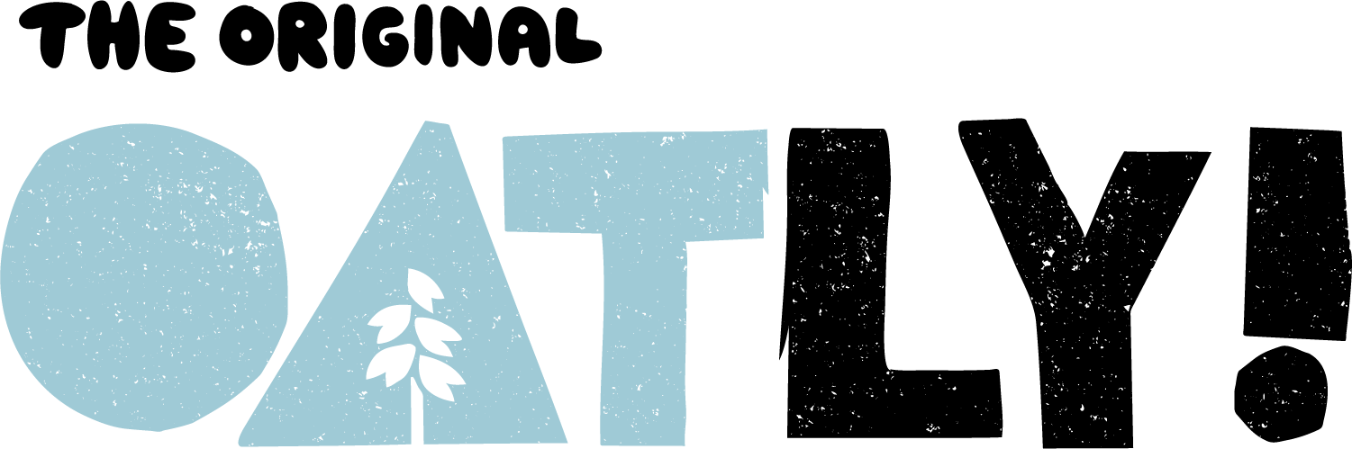 Oatly logo with text around it that says The Original Oatly