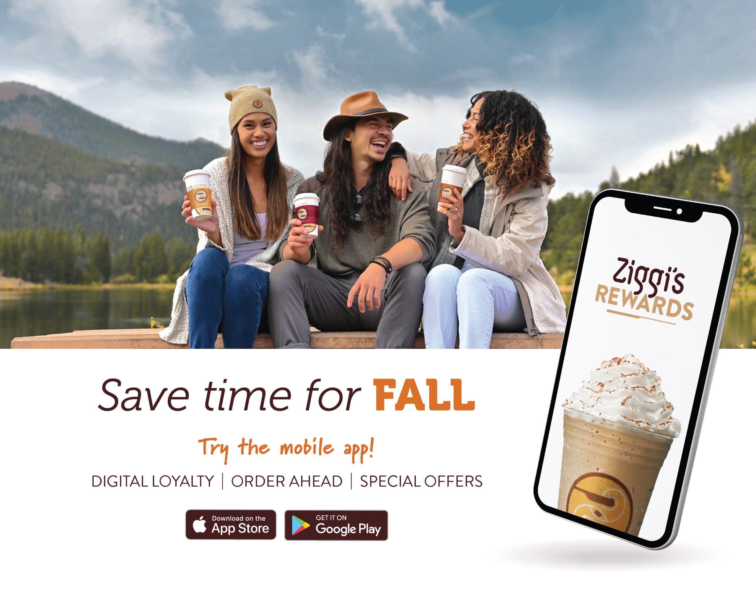 Three friends laughing and enjoying Ziggi's coffee outside in the mountains